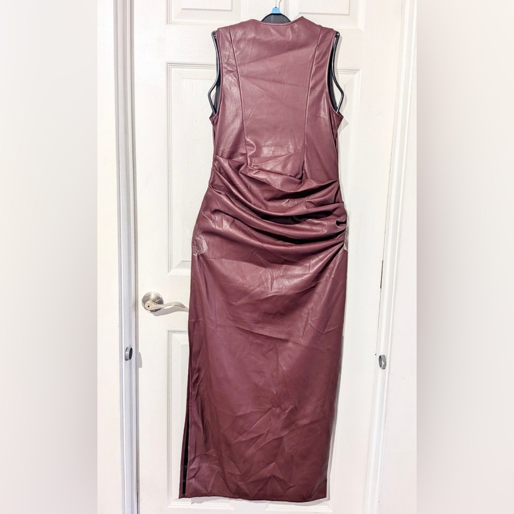 Micas Faux Leather V-neck Ruched Maxi Dress - Picture 12 of 14
